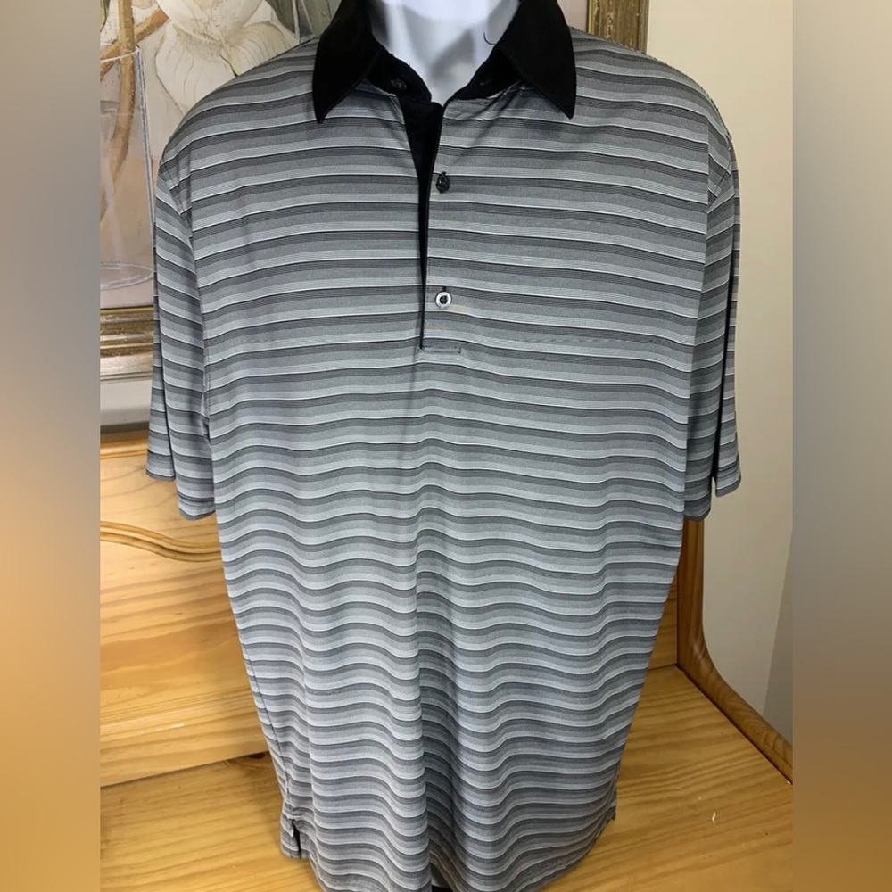 Greg Norman Mens Polo Golf Shirt Black White Striped Play Dry Fit XL
